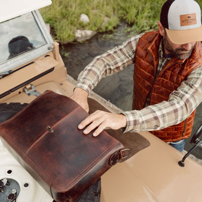 Roosevelt Full-Grain Leather Messenger Bag Dark Oak — men's laptop bag, water buffalo leather, antique brass hardware