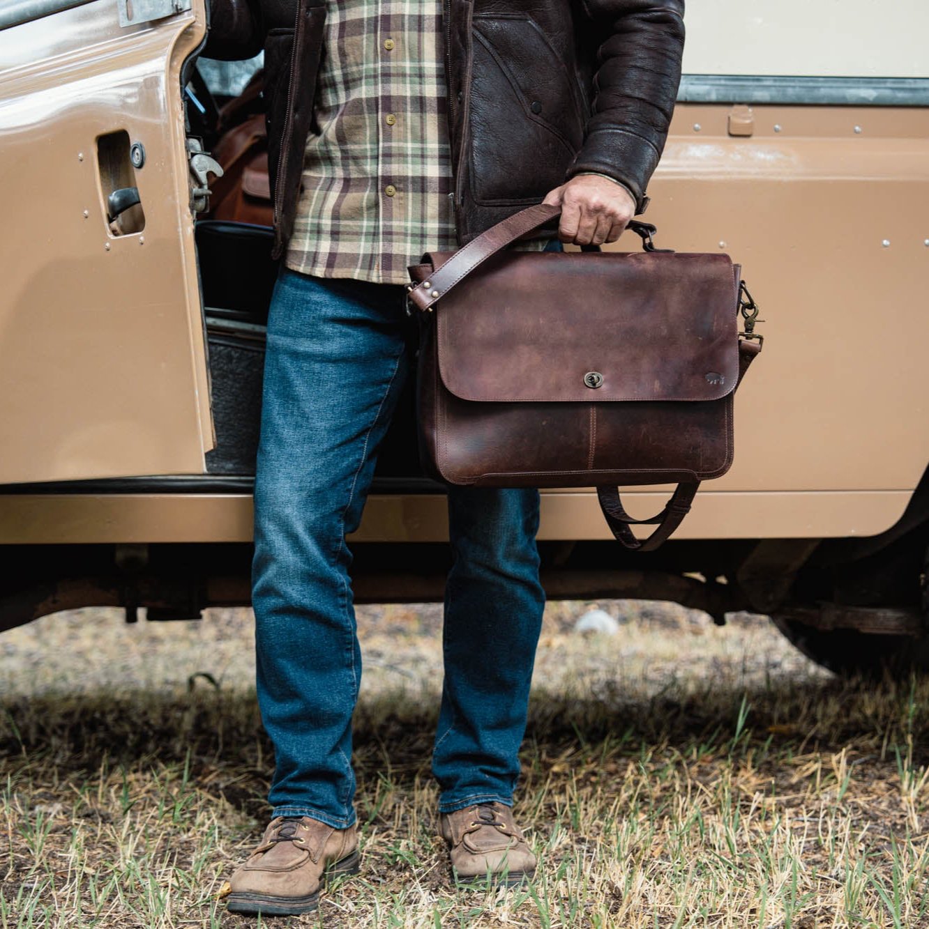 Roosevelt Rugged Leather Laptop Messenger Bag — full-grain water buffalo leather, fits 15" laptop, Dark Oak