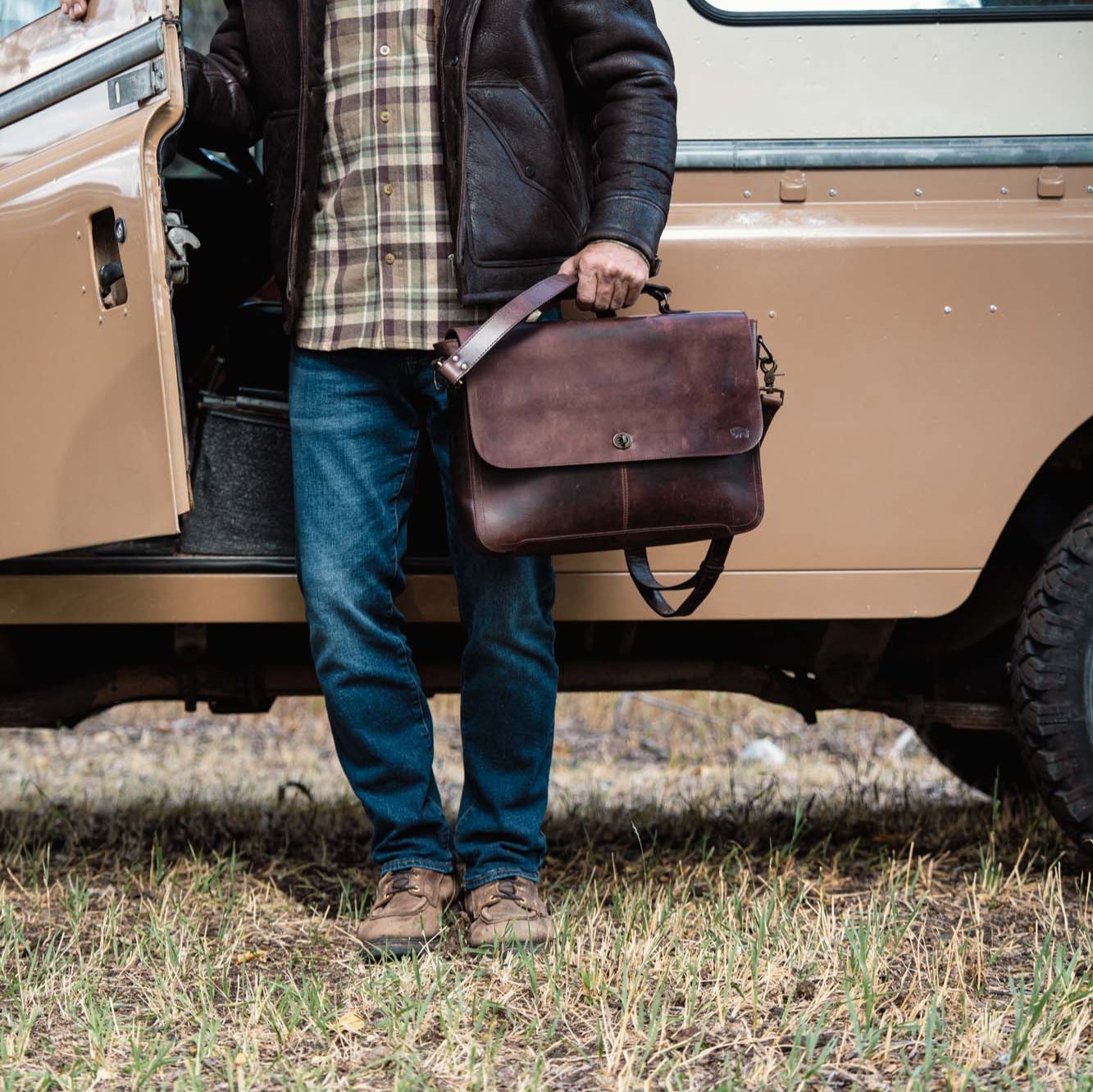 Roosevelt Full-Grain Leather Messenger Bag — water buffalo leather, fits 15" laptop, Dark Oak colorway
