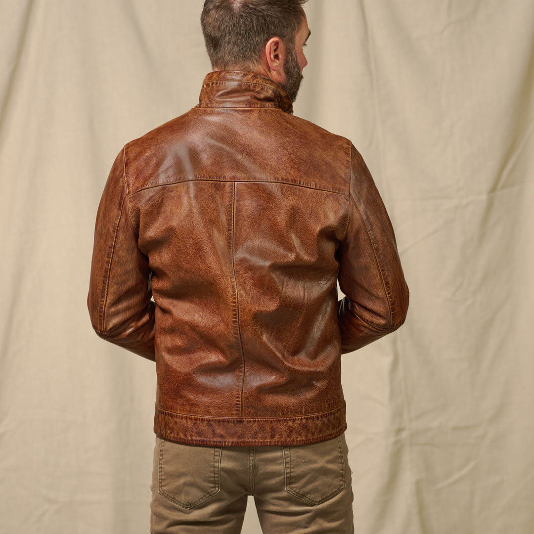 Back view of the Sedona Leather Jacket in Copperwood Brown — warm vintage wash and structured fit