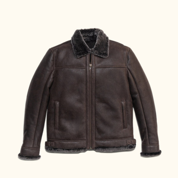 Espresso brown shearling leather bomber jacket