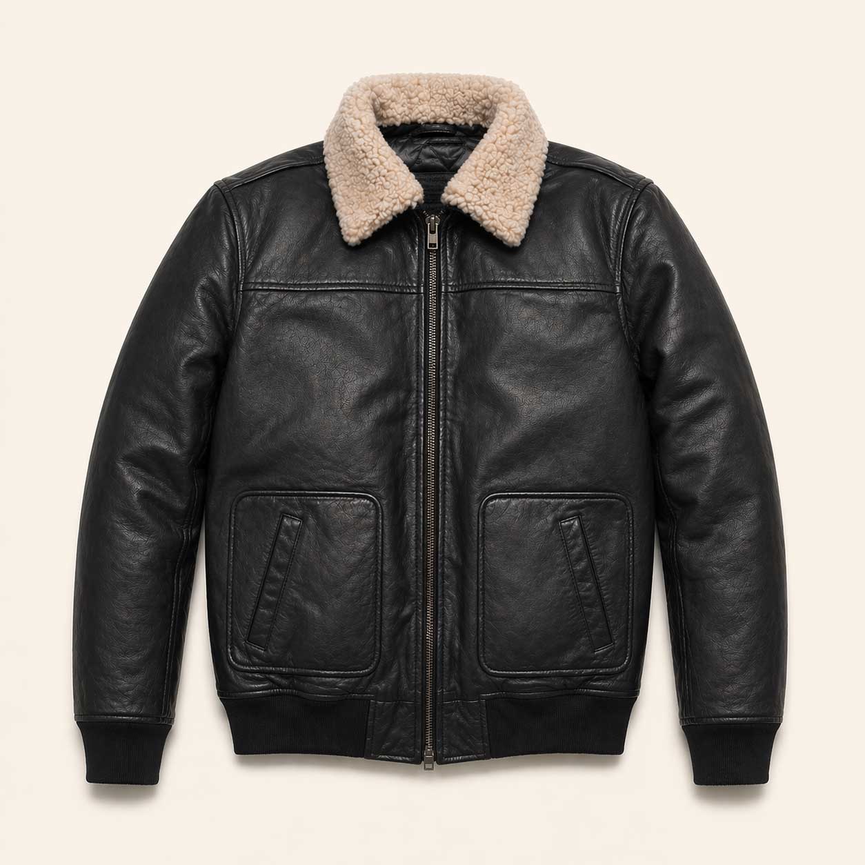 Buffalo Jackson Maverick black leather bomber jacket, full front flat lay showing zip closure and ribbed cuffs and waistband