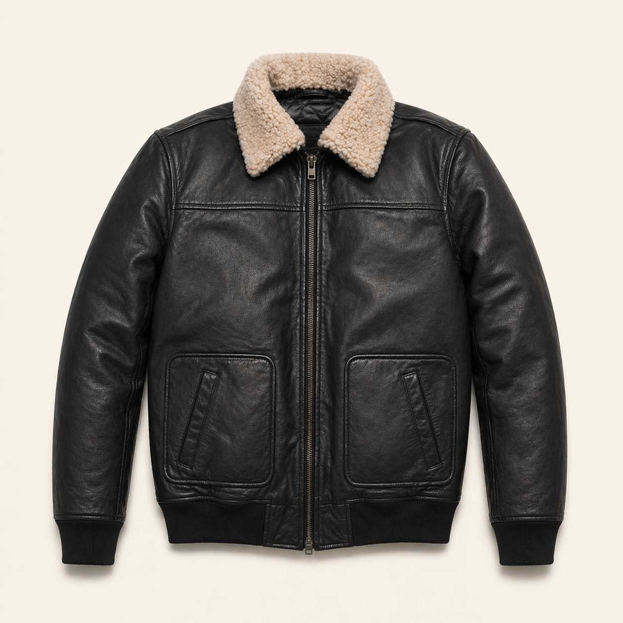 Men's black leather bomber jacket from Buffalo Jackson, front view on model, soft lambskin with detachable sherpa collar attached