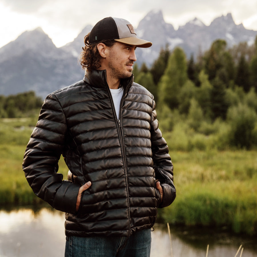 Men's Down Leather Puff - Black Leather Down Jacket
