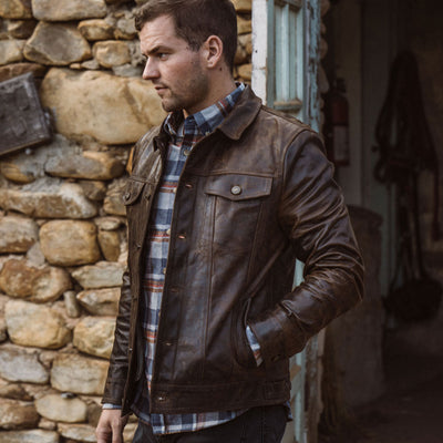 Mens Denim Leather Jacket - Brown