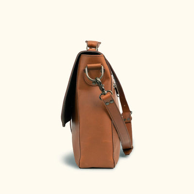 Side Angle - Sophisticated autumn brown leather briefcase with spacious interior, sturdy handle, and sleek design, perfect for the modern professional.