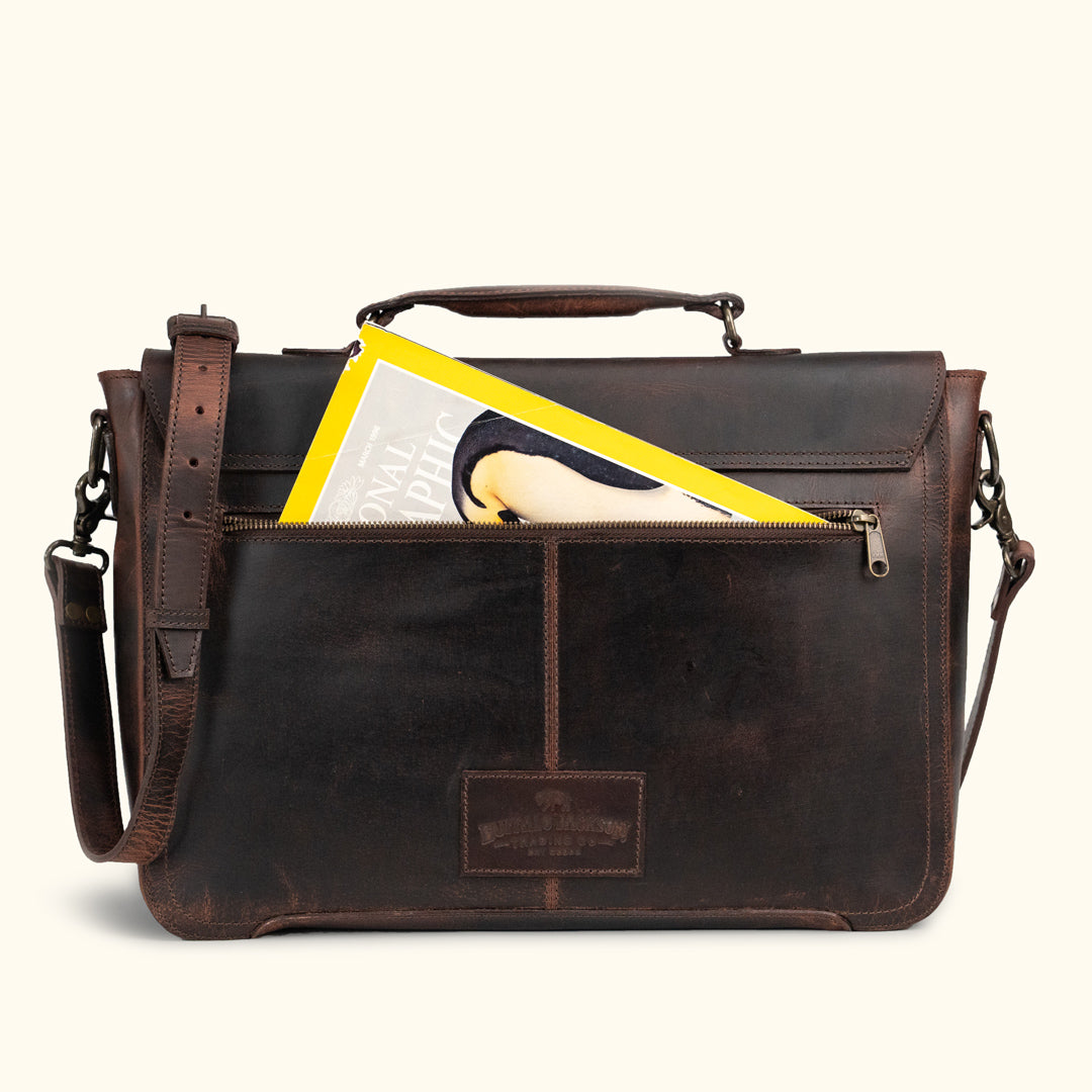 Roosevelt Leather Messenger Bag in Dark Oak — full-grain buffalo leather with antique brass hardware and magazine pocket