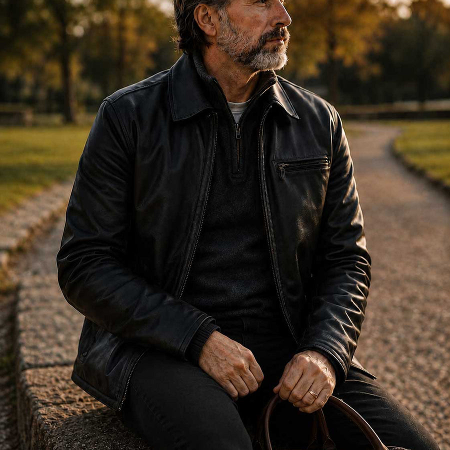 Man sitting on a stone bench in a park with trees and path in the background