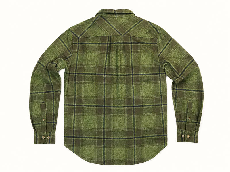 An olive green plaid flannel shirt shown from the back, featuring a button-down long sleeve design and a curved hem, laid flat against a white background.