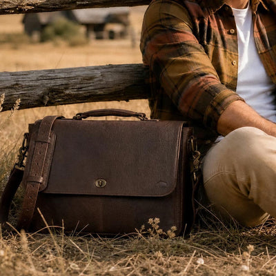 Guy in flannel sitting by split log fence in a field with a leather bag beside them