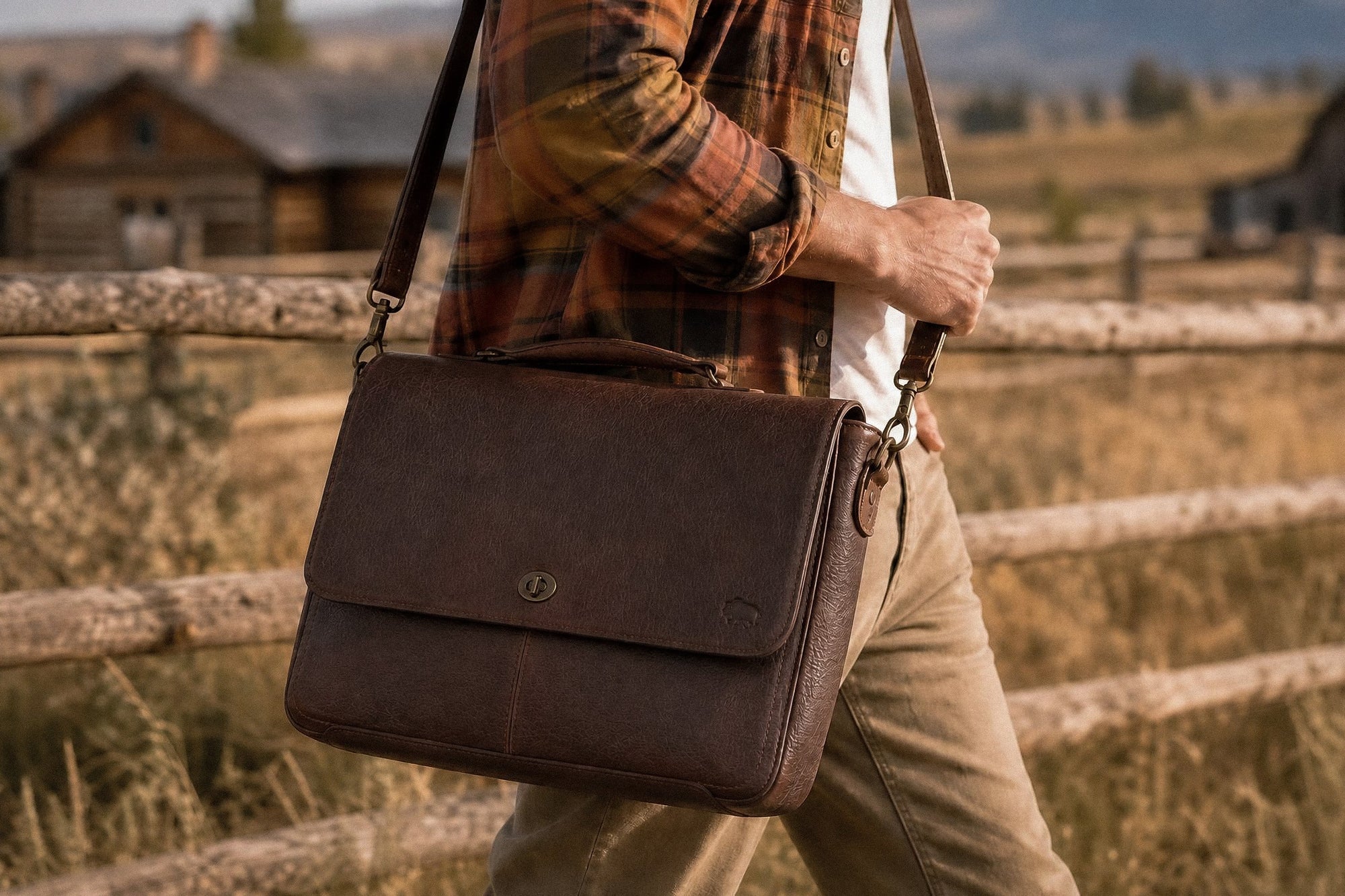 Person holding a brown leather bag in a rustic outdoor setting with wooden cabins.