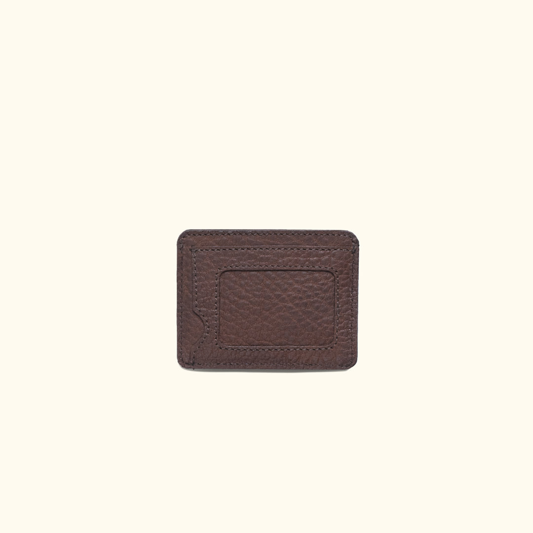 Dark brown slim full-grain buffalo leather wallet for men with photo ID window and three credit card slots