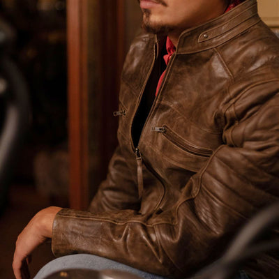Mens Cafe Racer Jacket - Distressed Brown