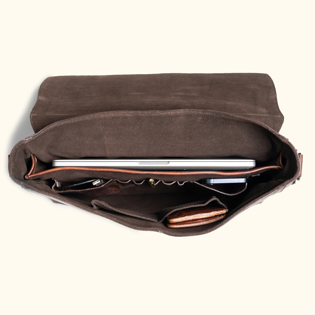 Roosevelt Leather Messenger Bag open view — fits laptop, wallet, phone, and pens, antique brass fittings, Dark Oak