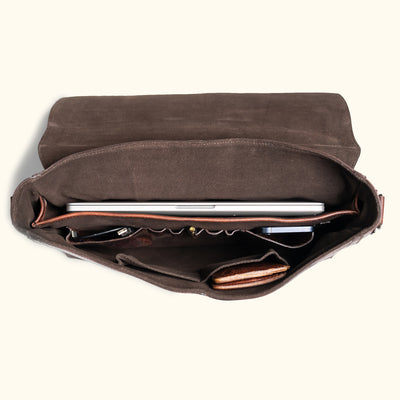 Roosevelt Leather Messenger Bag open view — fits laptop, wallet, phone, and pens, antique brass fittings, Dark Oak