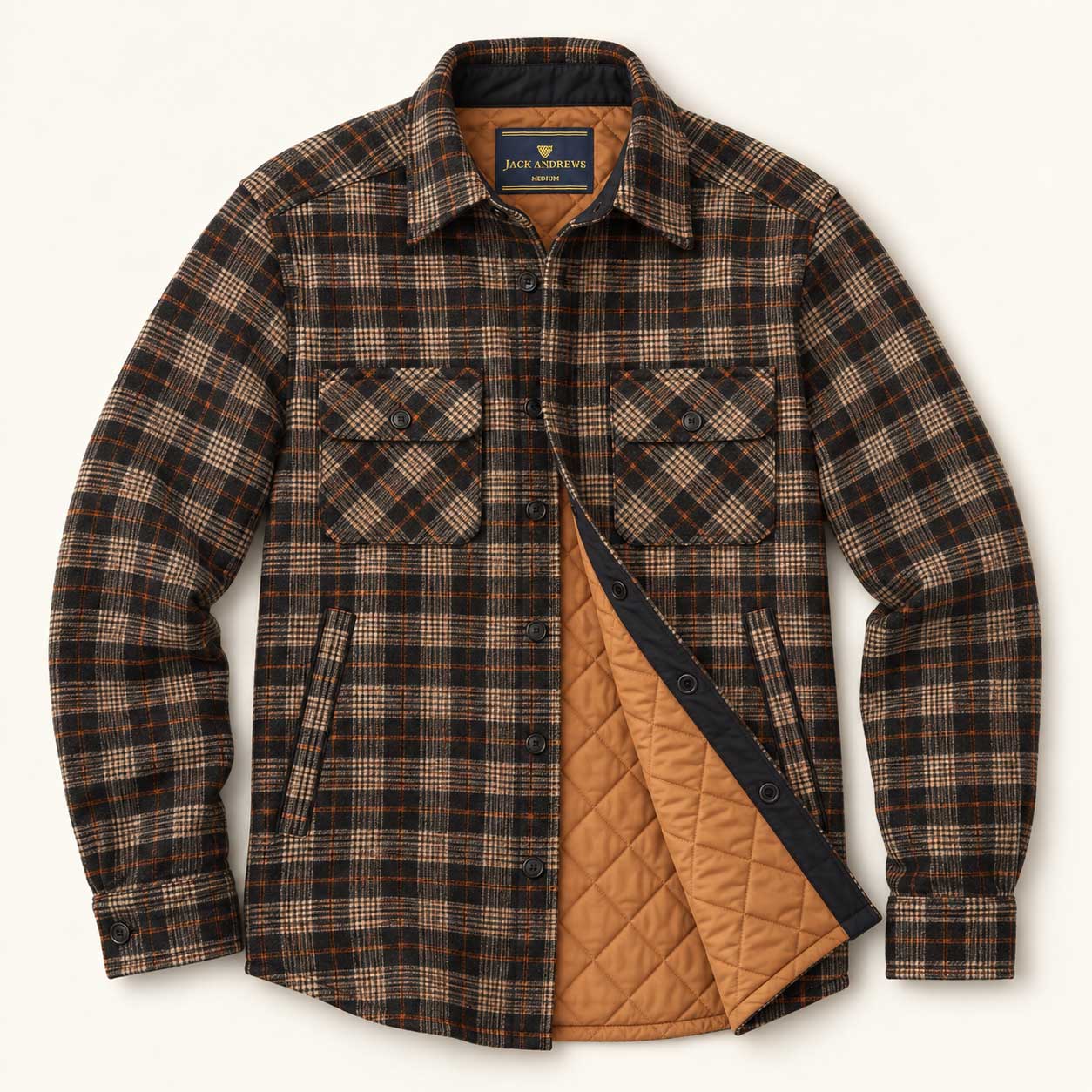 Aberdeen Wool Twill Shirt Jac in Brown Briar plaid laid flat and opened to show its quilted lining