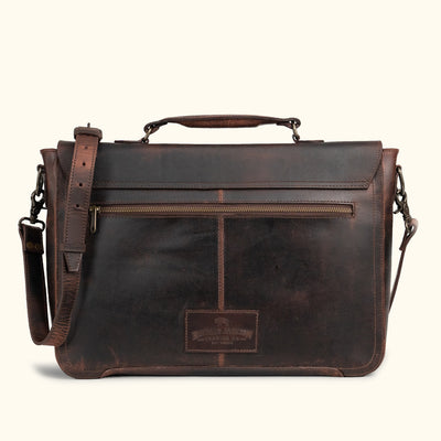 Roosevelt Leather Messenger Bag rear view — secure back zipper pocket in full-grain Dark Oak water buffalo leather