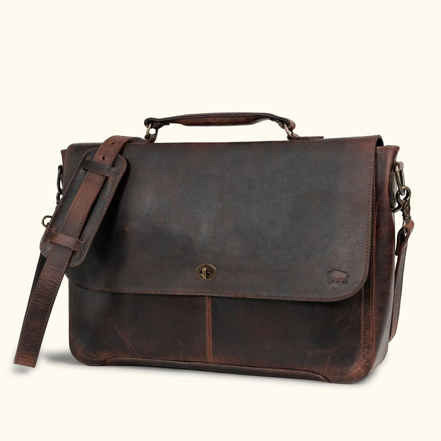 Roosevelt Full-Grain Leather Laptop Messenger Bag in Dark Oak — antique brass turn-lock clasp, adjustable strap, front angle