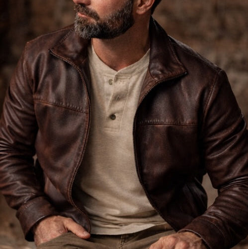 Sedona Jacket in Ironwood Brown — deep vintage patina in low editorial light