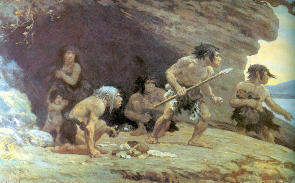 Painting of early humans at a cave mouth dressed in animal hides
