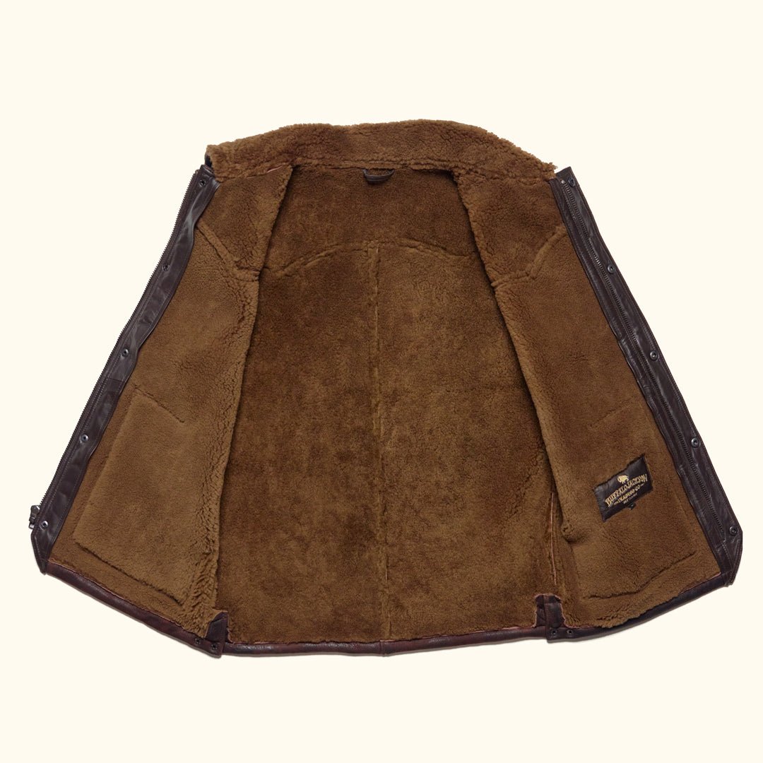 Close view of the natural merino wool interior of a Buffalo Jackson shearling leather jacket