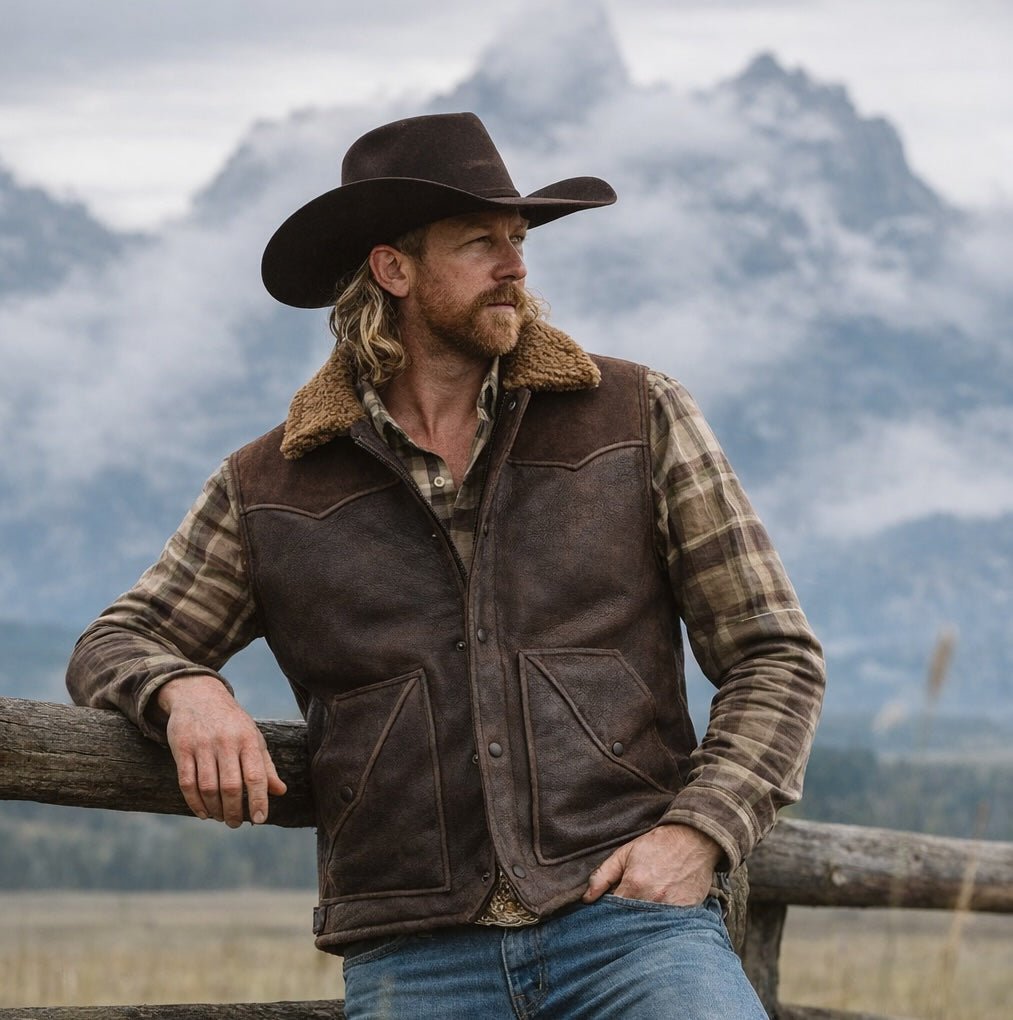 Two-tone western shearling leather vest worn over a shirt