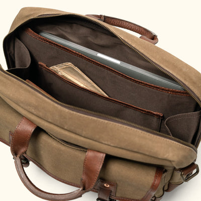 Men's Rugged Waxed Canvas Travel Briefcase Field Khaki