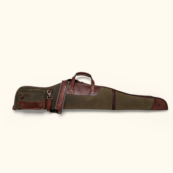 Dakota rifle case in green 18 ounce waxed canvas with dark briar leather trim