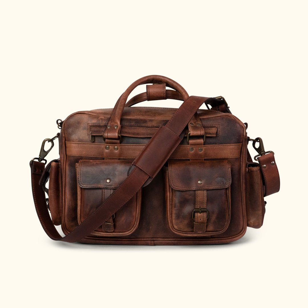 Roosevelt Buffalo Leather Pilot Bag in Dark Oak, front view with four buckled pockets