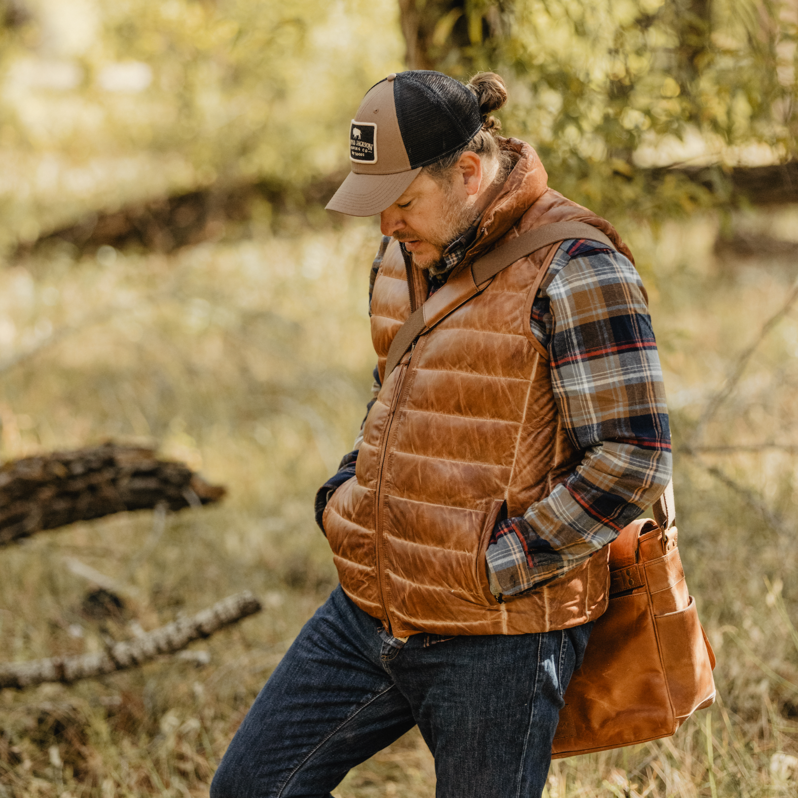 Men's Leather Down Vest | Light Brown