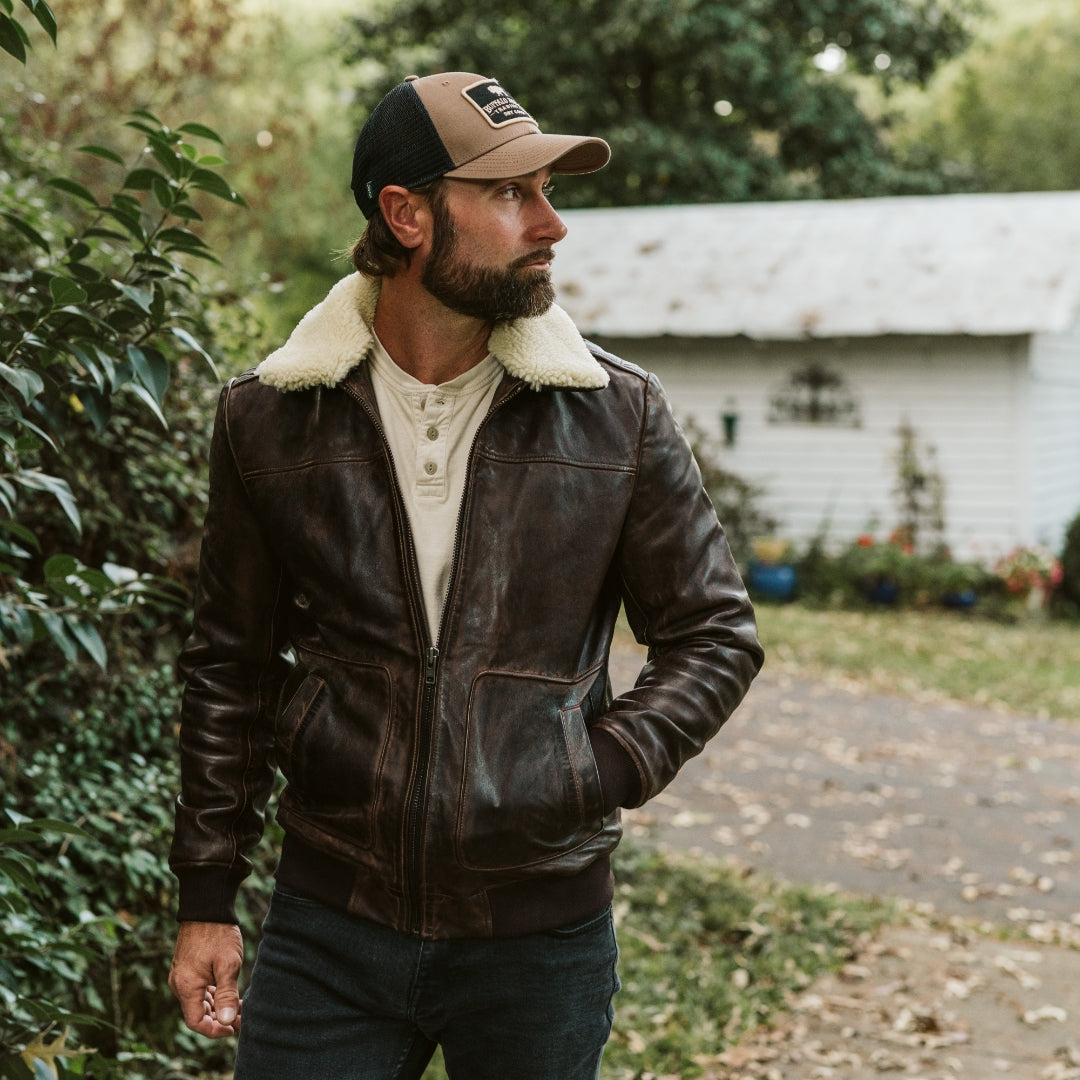 Worn and Vintage Leather Bomber Jacket | Brown