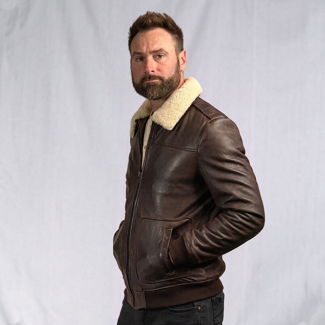 mens vintage brown leather bomber jacket