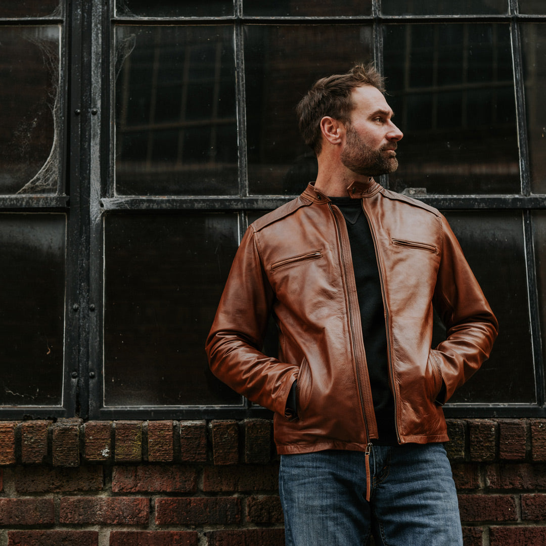 Man wearing leather Moto jacket